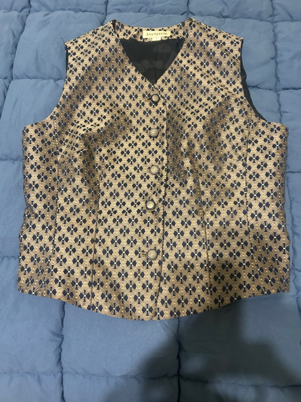 Ann Taylor Navy and Gold Floral Lattice Brocade Vest